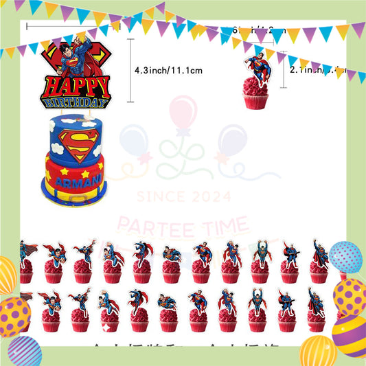 ParteeTime Kids Birthday Party Celebration Decoration Set Superhero 5 in 1 Banner Balloon Cake Cupcake Topper Hari Jadi