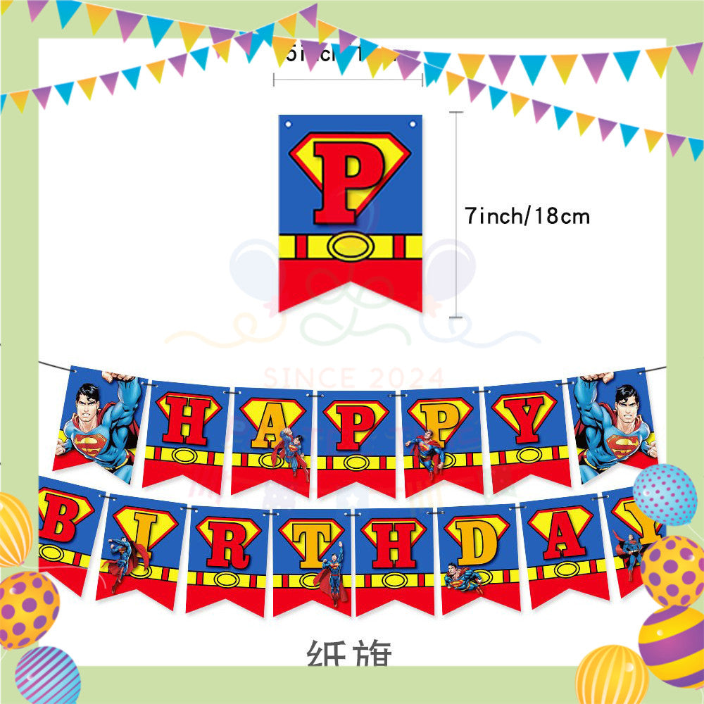 ParteeTime Kids Birthday Party Celebration Decoration Set Superhero 5 in 1 Banner Balloon Cake Cupcake Topper Hari Jadi