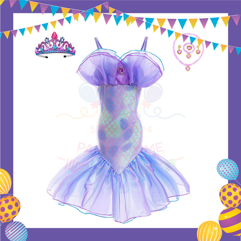 ParteeTime Kids Sleeveless Princess Ariel Mermaid Fishtail Long Dress Costume Birthday Party Dress Up