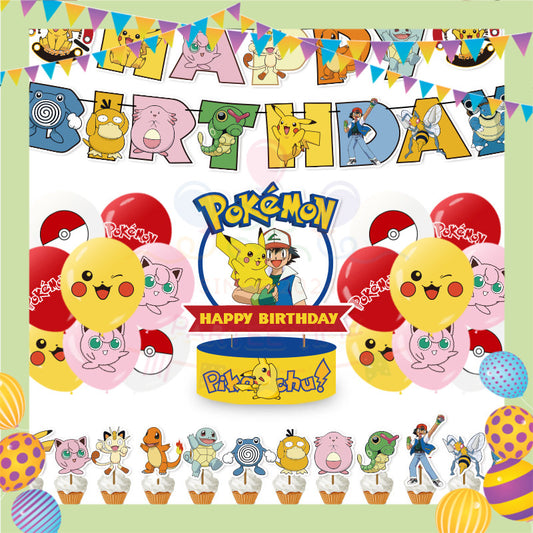 ParteeTime Kids Birthday Party Celebration Decoration Set Pikachu 4 in 1 Banner Balloon Cake Cupcake Topper