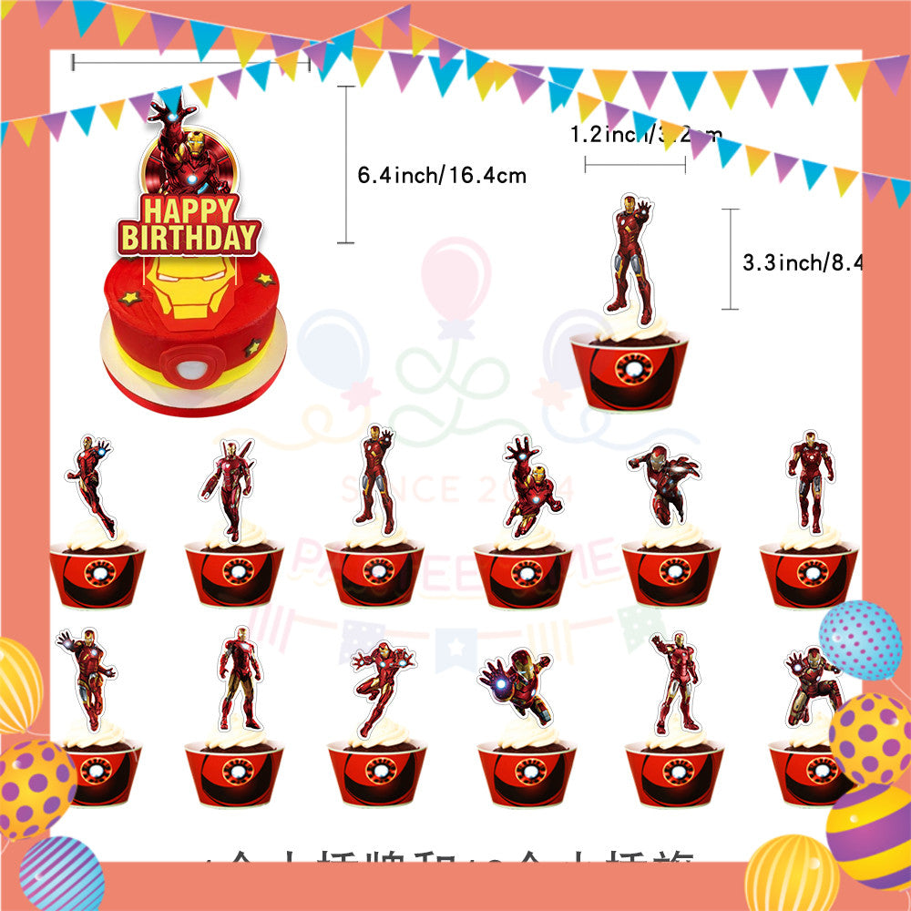 ParteeTime Kids Birthday Party Celebration Decoration Set Superhero 4 in 1 Banner Balloon Cake Cupcake Topper Hari Jadi