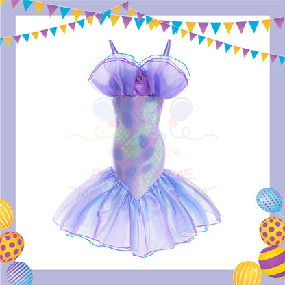 ParteeTime Kids Sleeveless Princess Ariel Mermaid Fishtail Long Dress Costume Birthday Party Dress Up