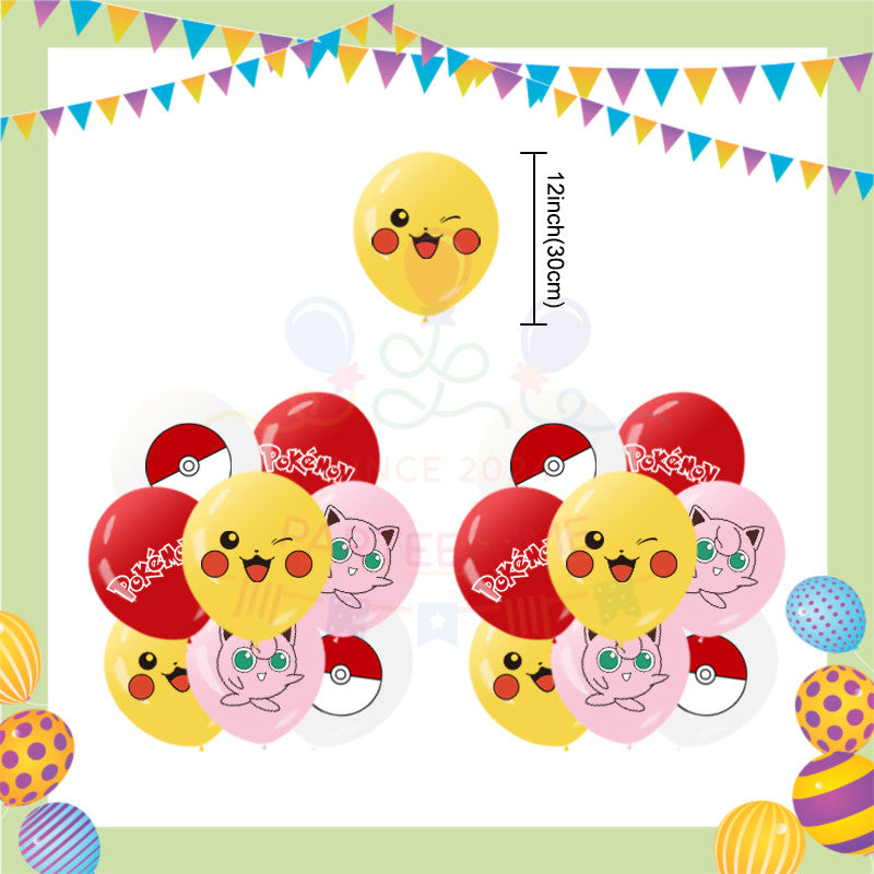 ParteeTime Kids Birthday Party Celebration Decoration Set Pikachu 4 in 1 Banner Balloon Cake Cupcake Topper