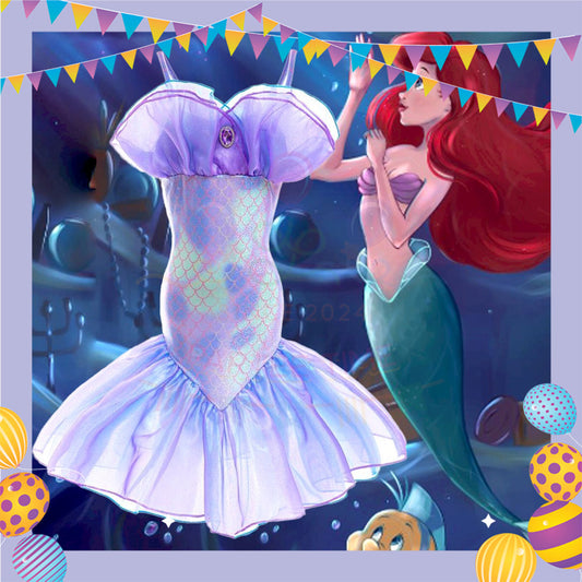 ParteeTime Kids Sleeveless Princess Ariel Mermaid Fishtail Long Dress Costume Birthday Party Dress Up