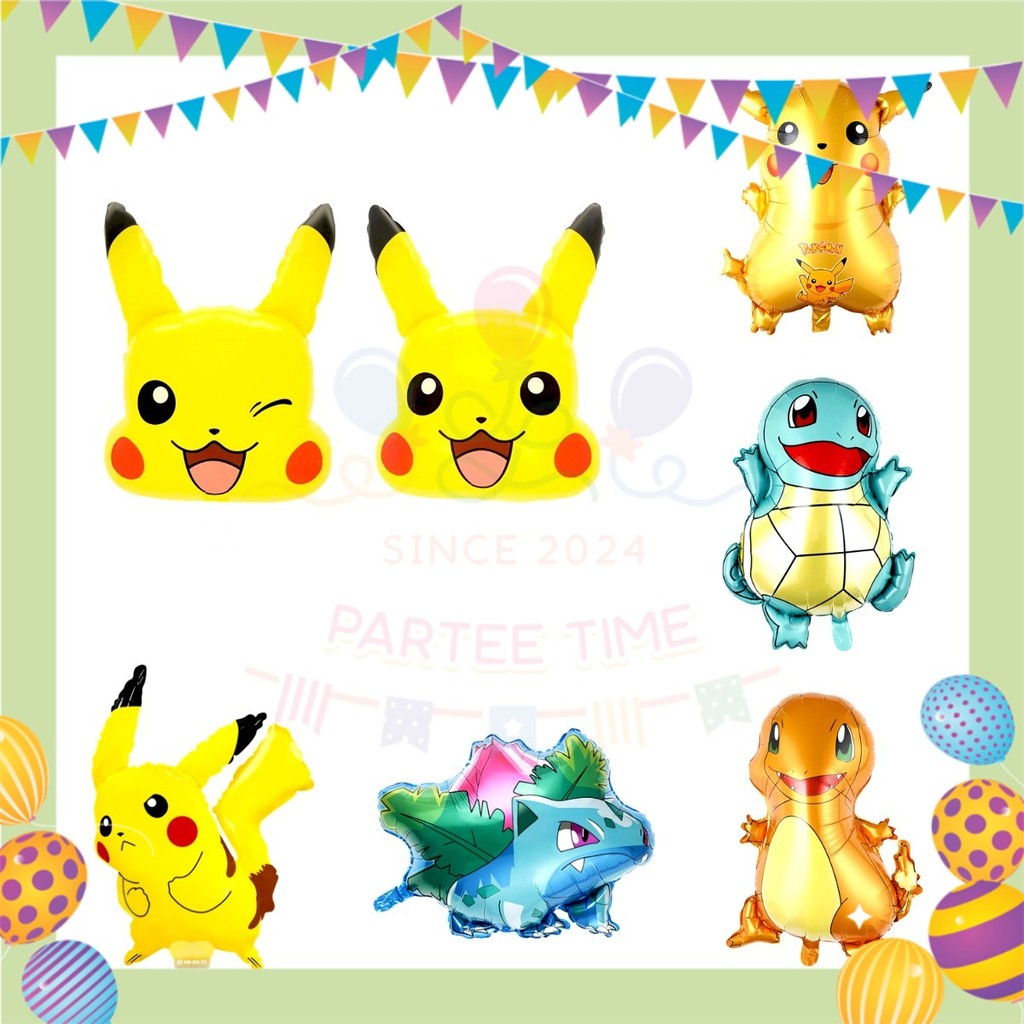 ParteeTime Kids Birthday Party Celebration Decoration Set Pikachu 4 in 1 Banner Balloon Cake Cupcake Topper