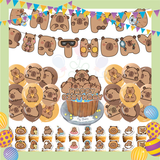 ParteeTime Kids Birthday Party Celebration Decoration Set Capybara 5 in 1 Banner Balloon Cake Cupcake Topper Hari Jadi