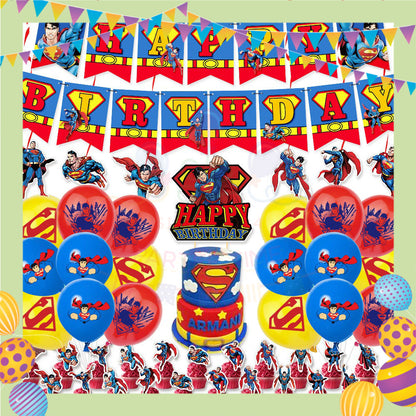 ParteeTime Kids Birthday Party Celebration Decoration Set Superhero 5 in 1 Banner Balloon Cake Cupcake Topper Hari Jadi