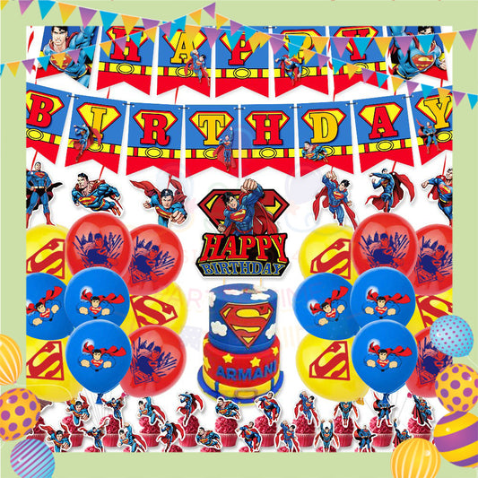 ParteeTime Kids Birthday Party Celebration Decoration Set Superhero 5 in 1 Banner Balloon Cake Cupcake Topper Hari Jadi