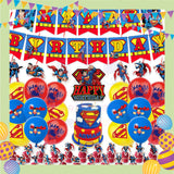 ParteeTime Kids Birthday Party Celebration Decoration Set Superhero 5 in 1 Banner Balloon Cake Cupcake Topper Hari Jadi