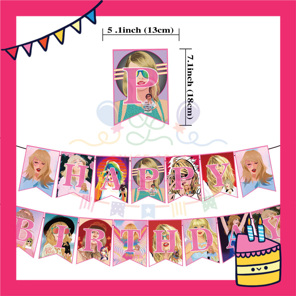 ParteeTime Kids Birthday Party Celebration Decoration Set Taylor Swift 5 in 1 Banner Balloon Cake Cupcake Topper Hang