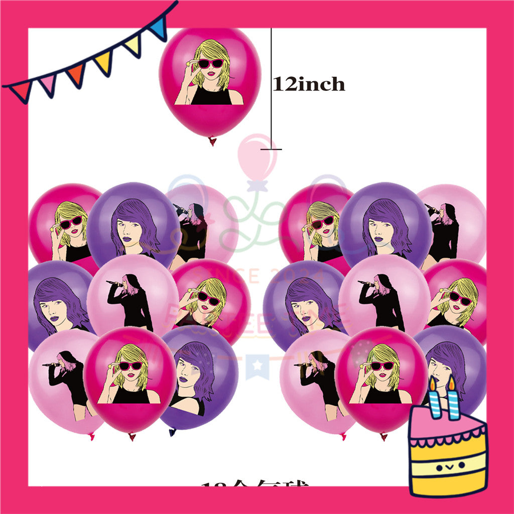 ParteeTime Kids Birthday Party Celebration Decoration Set Taylor Swift 5 in 1 Banner Balloon Cake Cupcake Topper Hang