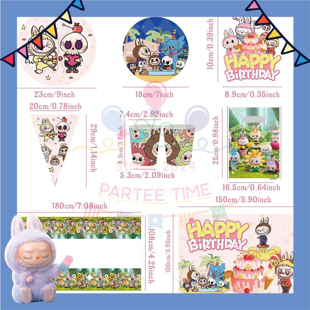 ParteeTime Kids Labubu Theme Decorations Kids Birthday Party Balloon Banners Hang Swirls Backdrop Tablecloth Cake Topper
