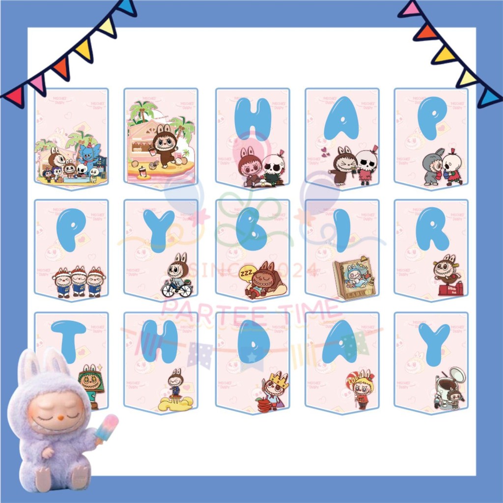 ParteeTime Kids Labubu Theme Decorations Kids Birthday Party Balloon Banners Hang Swirls Backdrop Tablecloth Cake Topper