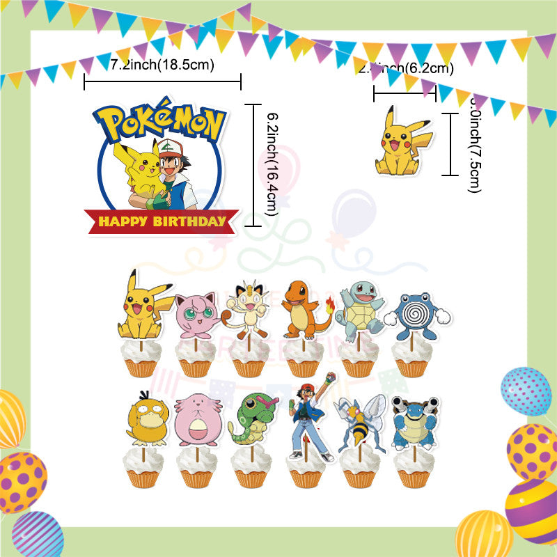 ParteeTime Kids Birthday Party Celebration Decoration Set Pikachu 4 in 1 Banner Balloon Cake Cupcake Topper
