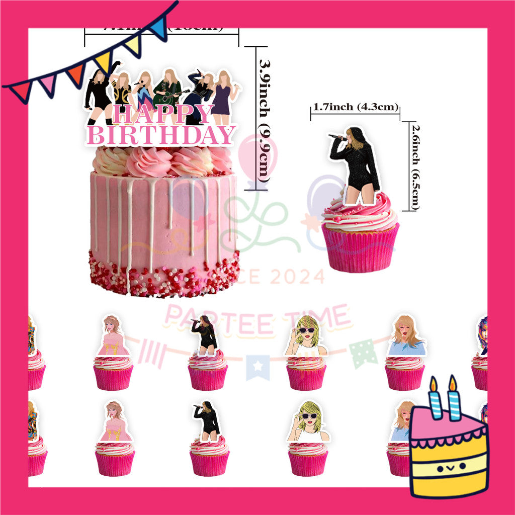 ParteeTime Kids Birthday Party Celebration Decoration Set Taylor Swift 5 in 1 Banner Balloon Cake Cupcake Topper Hang