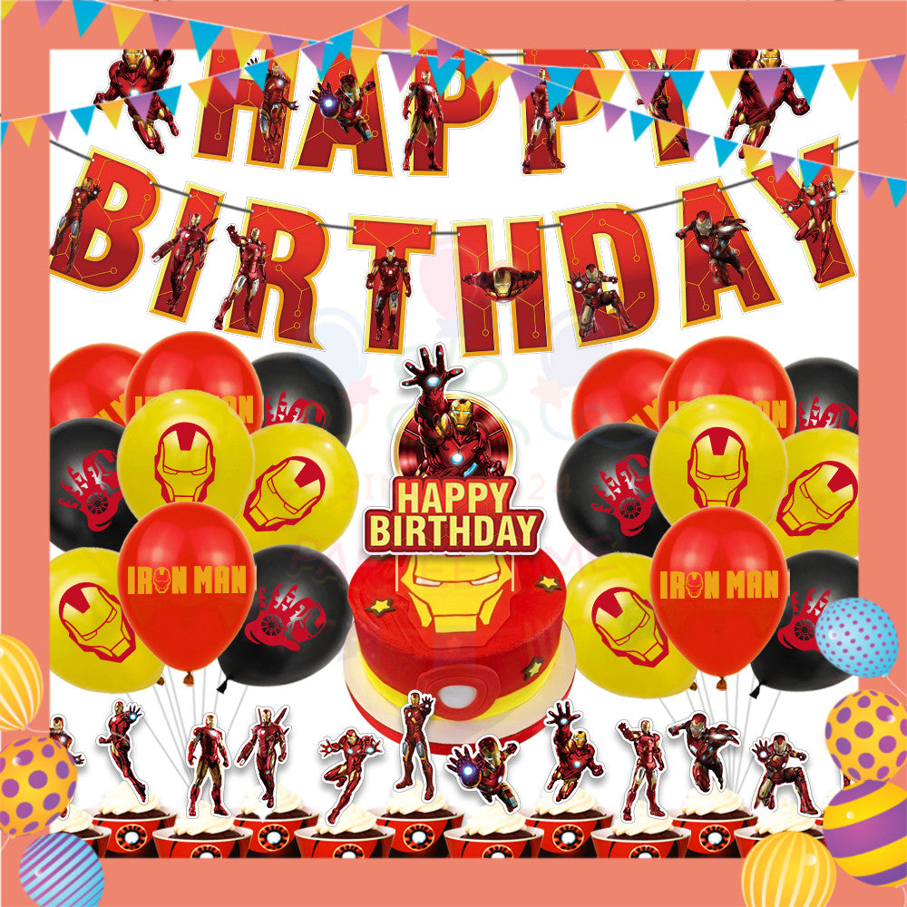 ParteeTime Kids Birthday Party Celebration Decoration Set Superhero 4 in 1 Banner Balloon Cake Cupcake Topper Hari Jadi