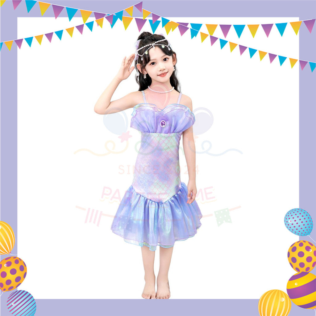 ParteeTime Kids Sleeveless Princess Ariel Mermaid Fishtail Long Dress Costume Birthday Party Dress Up