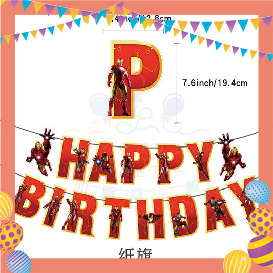 ParteeTime Kids Birthday Party Celebration Decoration Set Superhero 4 in 1 Banner Balloon Cake Cupcake Topper Hari Jadi