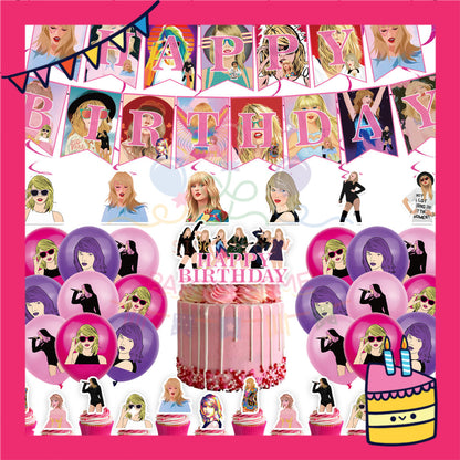 ParteeTime Kids Birthday Party Celebration Decoration Set Taylor Swift 5 in 1 Banner Balloon Cake Cupcake Topper Hang