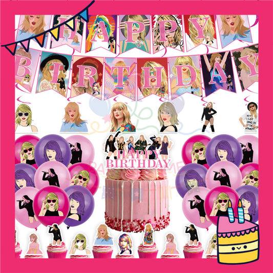 ParteeTime Kids Birthday Party Celebration Decoration Set Taylor Swift 5 in 1 Banner Balloon Cake Cupcake Topper Hang
