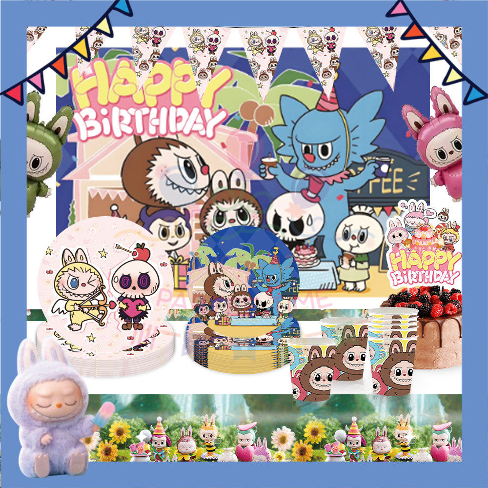 ParteeTime Kids Labubu Theme Decorations Kids Birthday Party Balloon Banners Hang Swirls Backdrop Tablecloth Cake Topper
