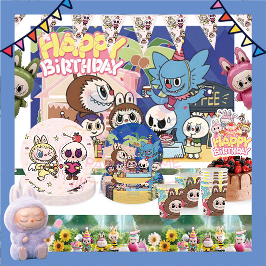 ParteeTime Kids Labubu Theme Decorations Kids Birthday Party Balloon Banners Hang Swirls Backdrop Tablecloth Cake Topper