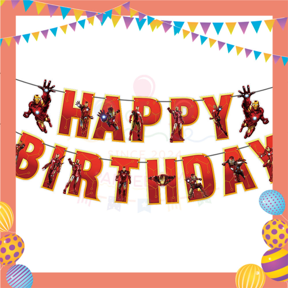 ParteeTime Kids Birthday Party Celebration Decoration Set Superhero 4 in 1 Banner Balloon Cake Cupcake Topper Hari Jadi