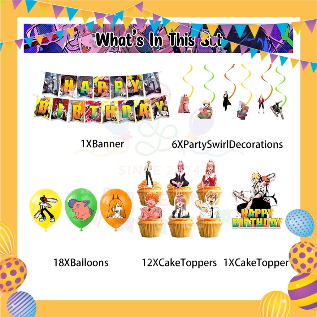 ParteeTime Kids Birthday Party Celebration Decoration Chainsaw Man 4 in 1 Majlis Sambutan Hiasan Hari Jadi Kanak-Kanak