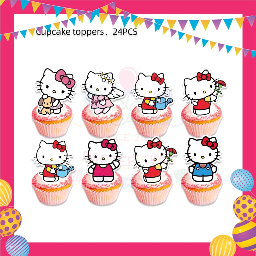 ParteeTime Kids Hello Kitty Birthday Theme Decorations Kids Birthday Balloon Banner Hang Swirl Backdrop Tablecloth