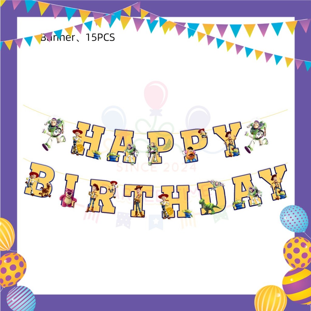 ParteeTime Kids Toys Story Birthday Theme Decorations Kids Birthday Balloon Banner Hang Swirl Backdrop Tablecloth