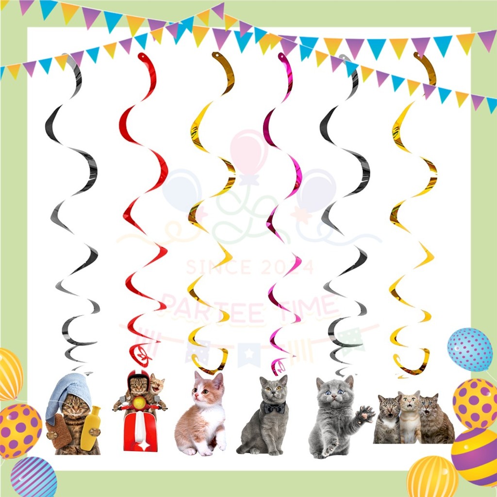 ParteeTime Cat Party Birthday Theme Decorations Kids Birthday Balloon Banner Hang Swirl Backdrop Tablecloth Cake Topper