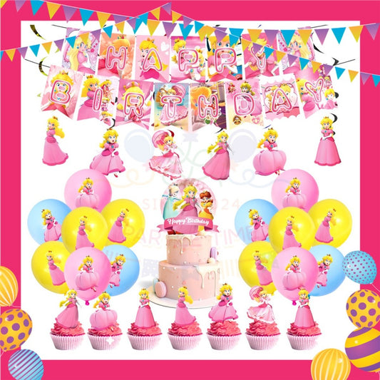 ParteeTime Kids Princess Peach Birthday Theme Decorations Kids Birthday Balloon Banner Hang Swirl Backdrop Tablecloth
