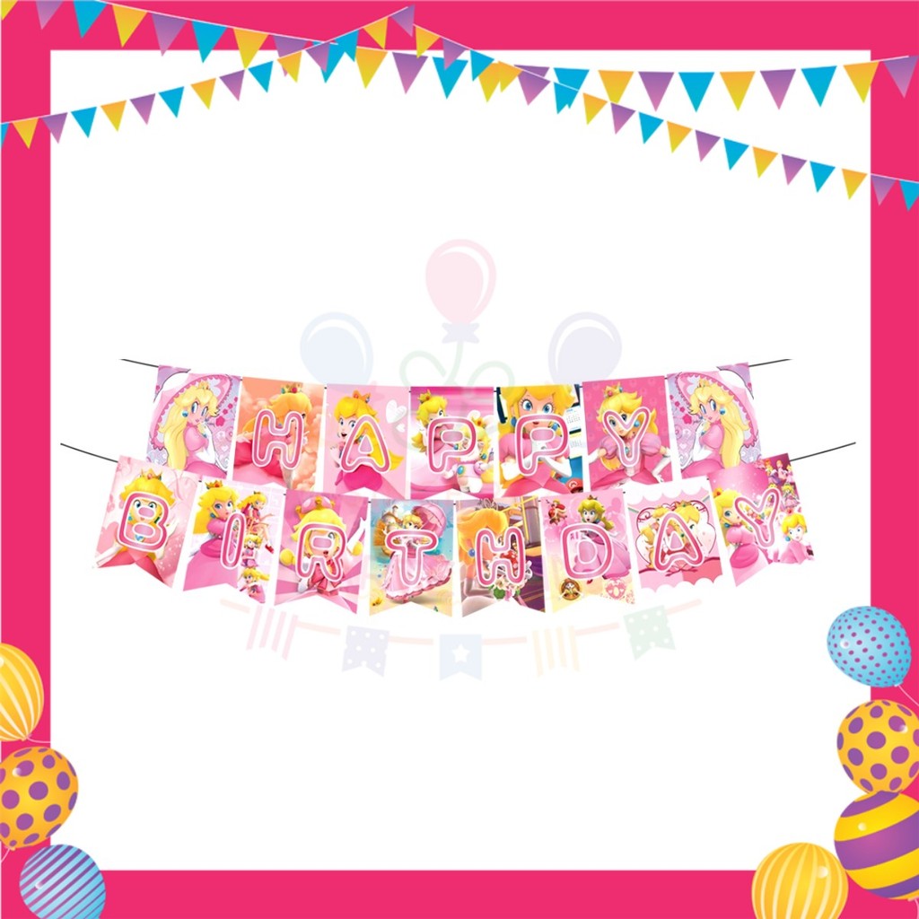 ParteeTime Kids Princess Peach Birthday Theme Decorations Kids Birthday Balloon Banner Hang Swirl Backdrop Tablecloth