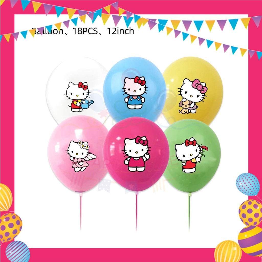 ParteeTime Kids Hello Kitty Birthday Theme Decorations Kids Birthday Balloon Banner Hang Swirl Backdrop Tablecloth