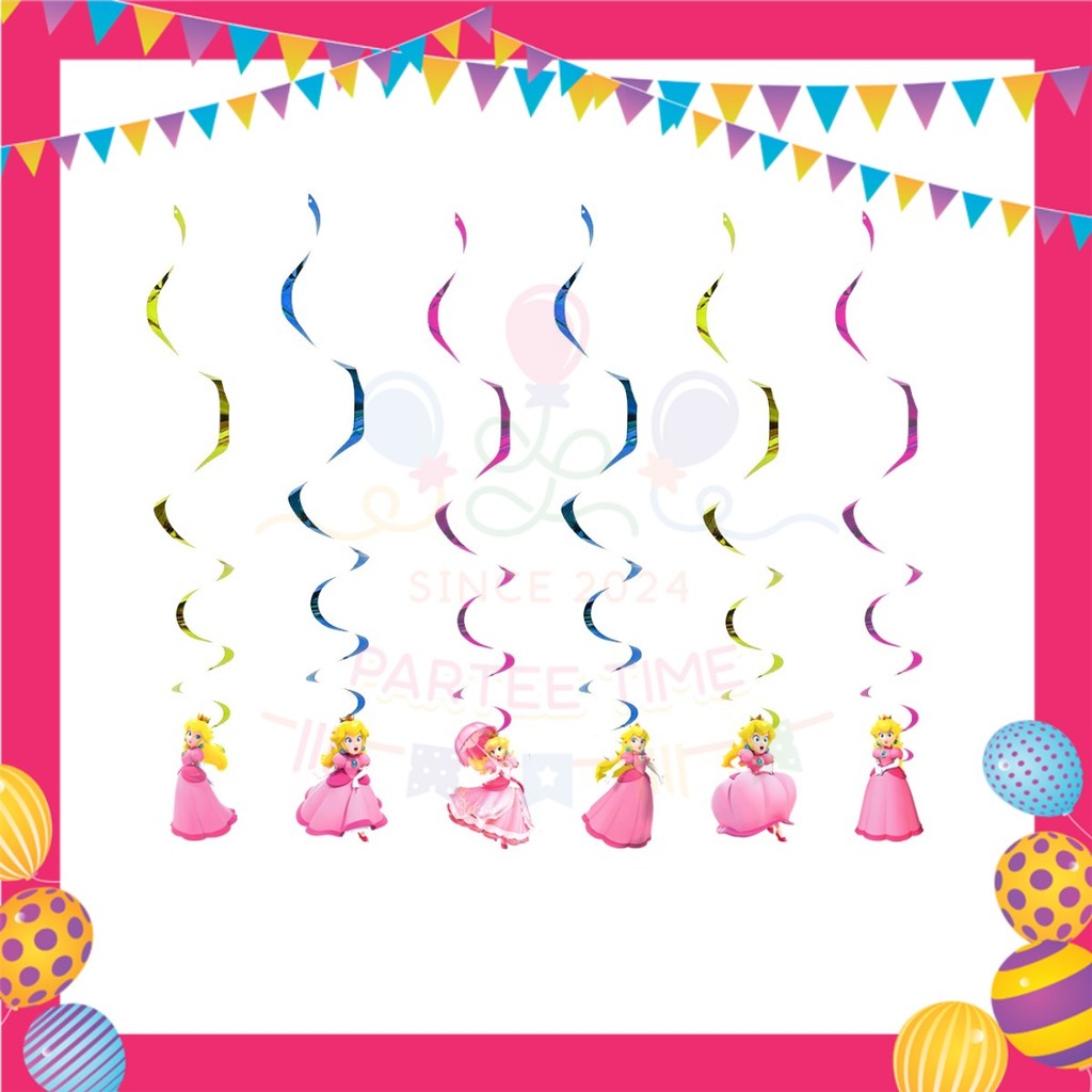 ParteeTime Kids Princess Peach Birthday Theme Decorations Kids Birthday Balloon Banner Hang Swirl Backdrop Tablecloth