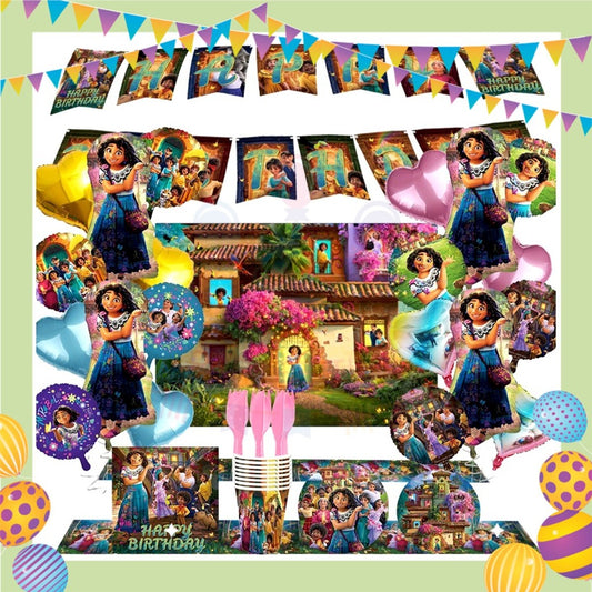 ParteeTime Encanto Birthday Theme Decorations Kids Birthday Balloon Banner Hang Swirl Backdrop Tablecloth Cake Topper