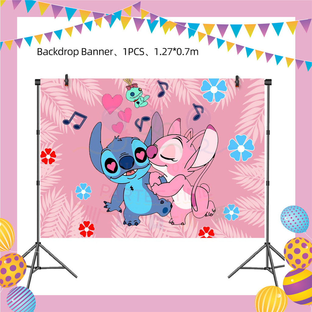 ParteeTime Kids Stitch Theme Decorations Kids Birthday Party Balloon Banners Hang Swirls Backdrop Tablecloth Cake Topper