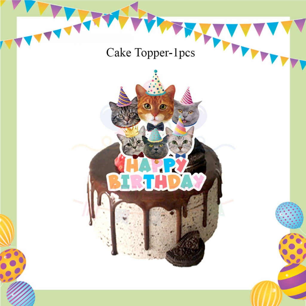 ParteeTime Cat Party Birthday Theme Decorations Kids Birthday Balloon Banner Hang Swirl Backdrop Tablecloth Cake Topper