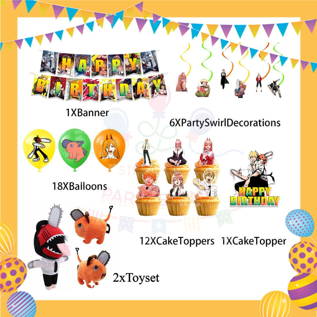 ParteeTime Kids Birthday Party Celebration Decoration Chainsaw Man 4 in 1 Majlis Sambutan Hiasan Hari Jadi Kanak-Kanak