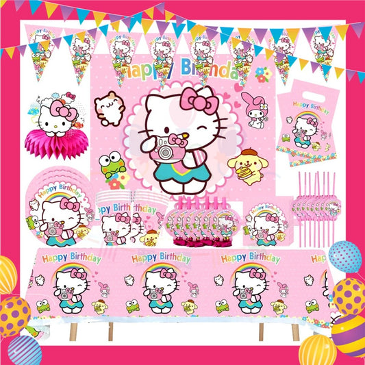 ParteeTime Kids Hello Kitty Birthday Theme Decorations Kids Birthday Balloon Banner Hang Swirl Backdrop Tablecloth
