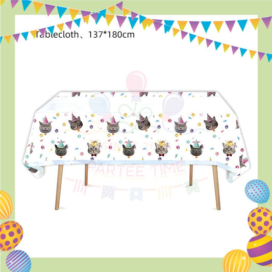 ParteeTime Cat Party Birthday Theme Decorations Kids Birthday Balloon Banner Hang Swirl Backdrop Tablecloth Cake Topper