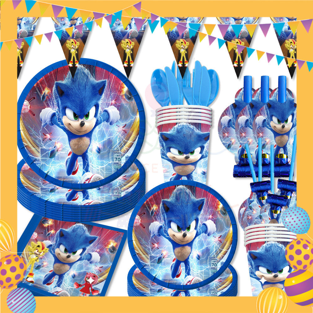 ParteeTime Kids Sonic Theme Decorations Kids Birthday Party Balloon Banners Hang Swirls Backdrop Tablecloth Cake Topper
