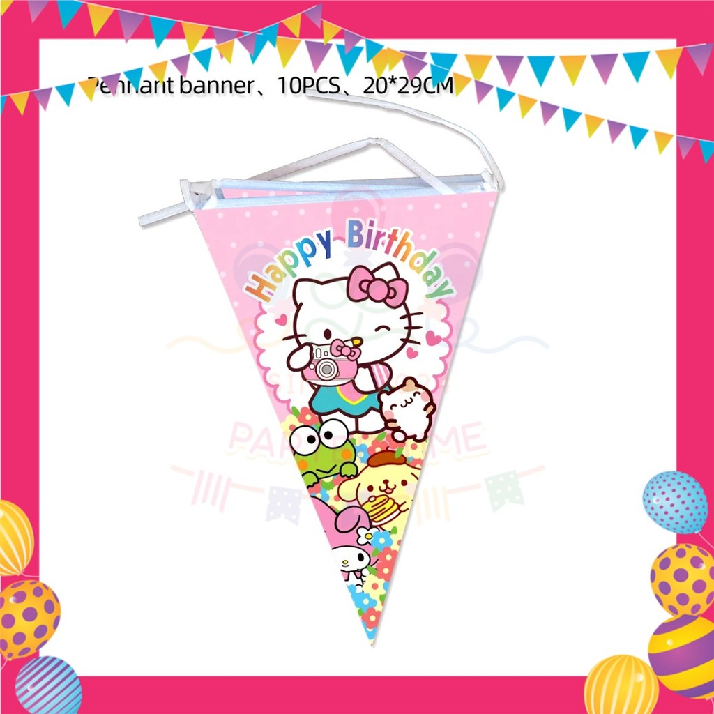 ParteeTime Kids Hello Kitty Birthday Theme Decorations Kids Birthday Balloon Banner Hang Swirl Backdrop Tablecloth