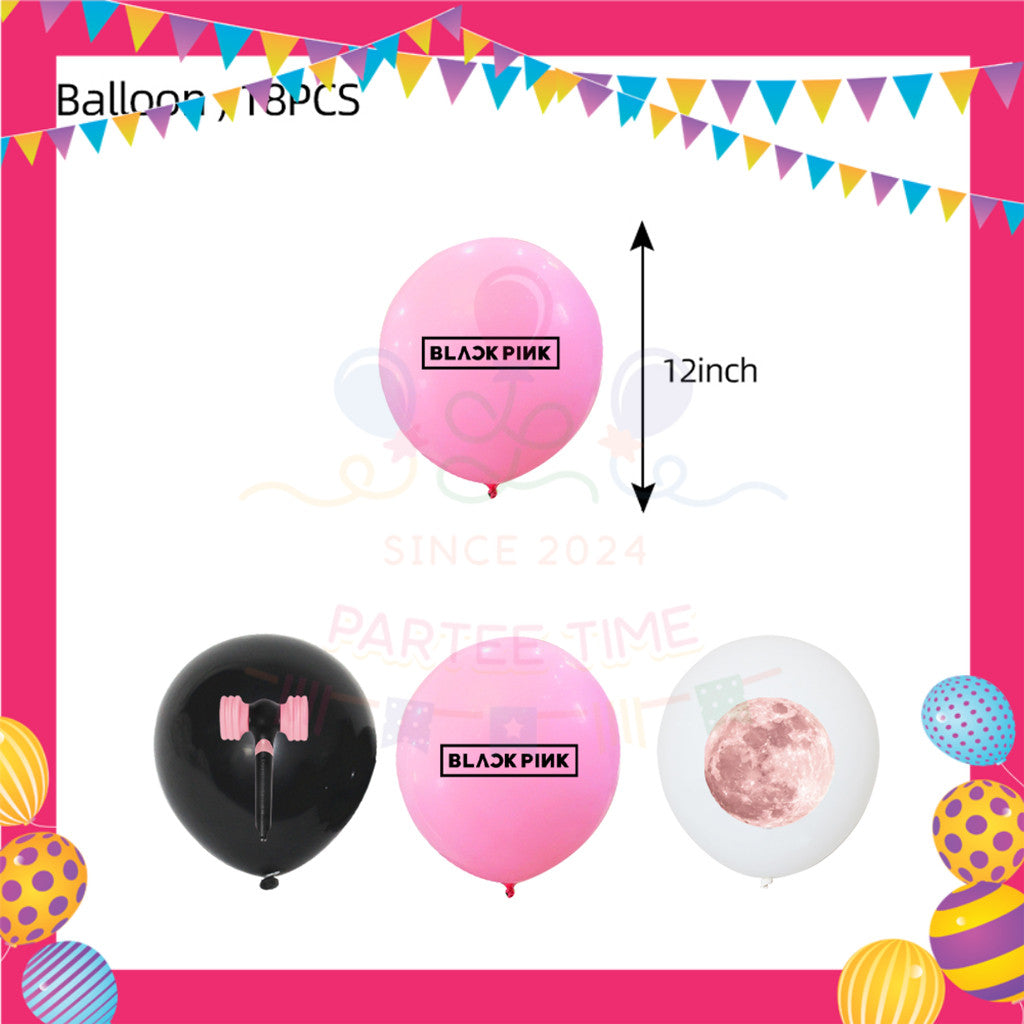 ParteeTime Black Pink Birthday Theme Decorations Kids Birthday Balloon Banner Hang Swirl Backdrop Tablecloth Cake Topper