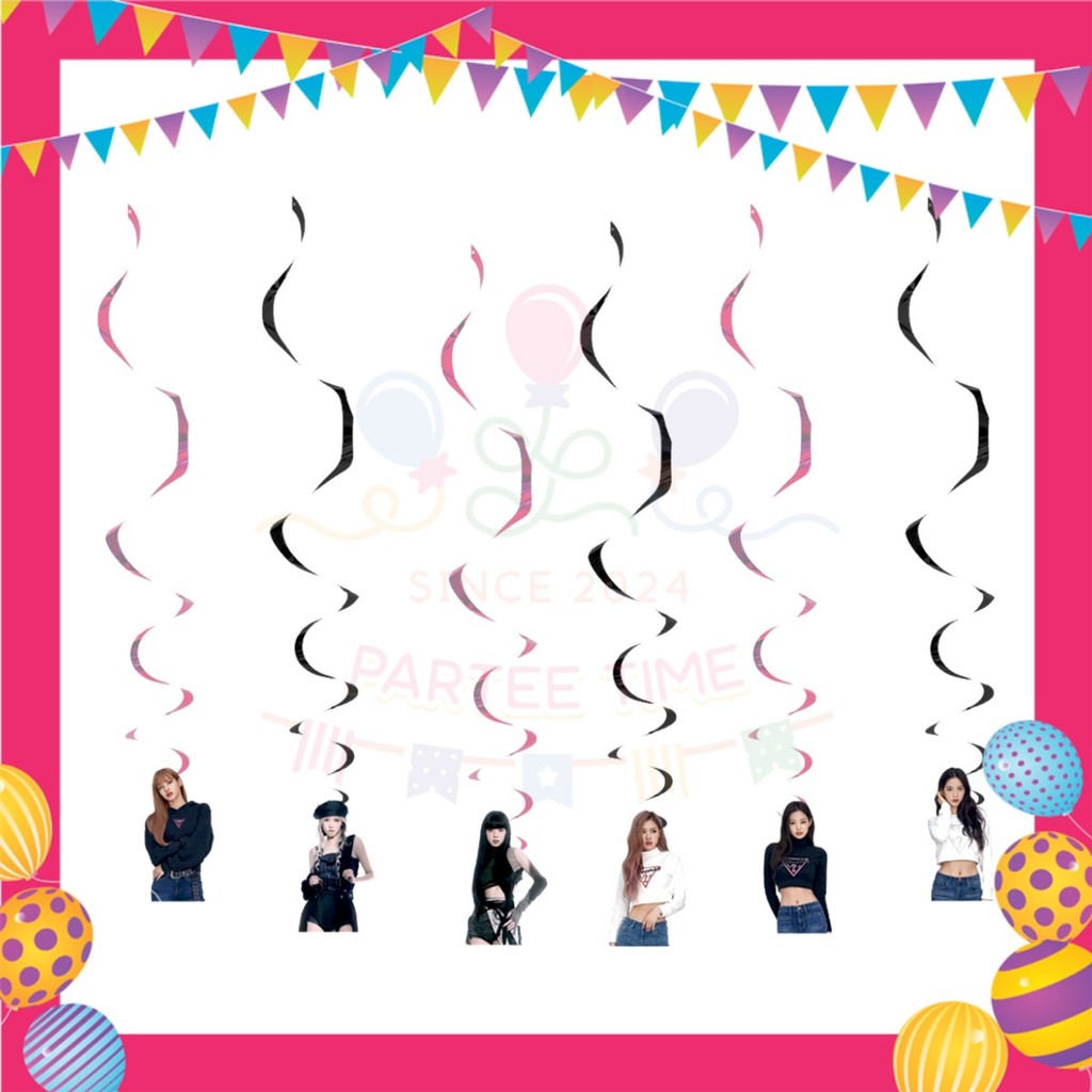 ParteeTime Black Pink Birthday Theme Decorations Kids Birthday Balloon Banner Hang Swirl Backdrop Tablecloth Cake Topper