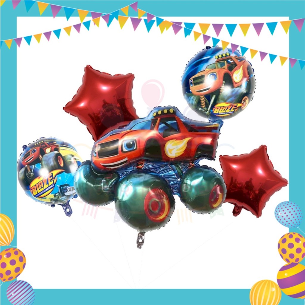 ParteeTime Kids Blaze Birthday Theme Decorations Kids Birthday Balloon Banner Hang Swirl Backdrop Tablecloth Cake Topper