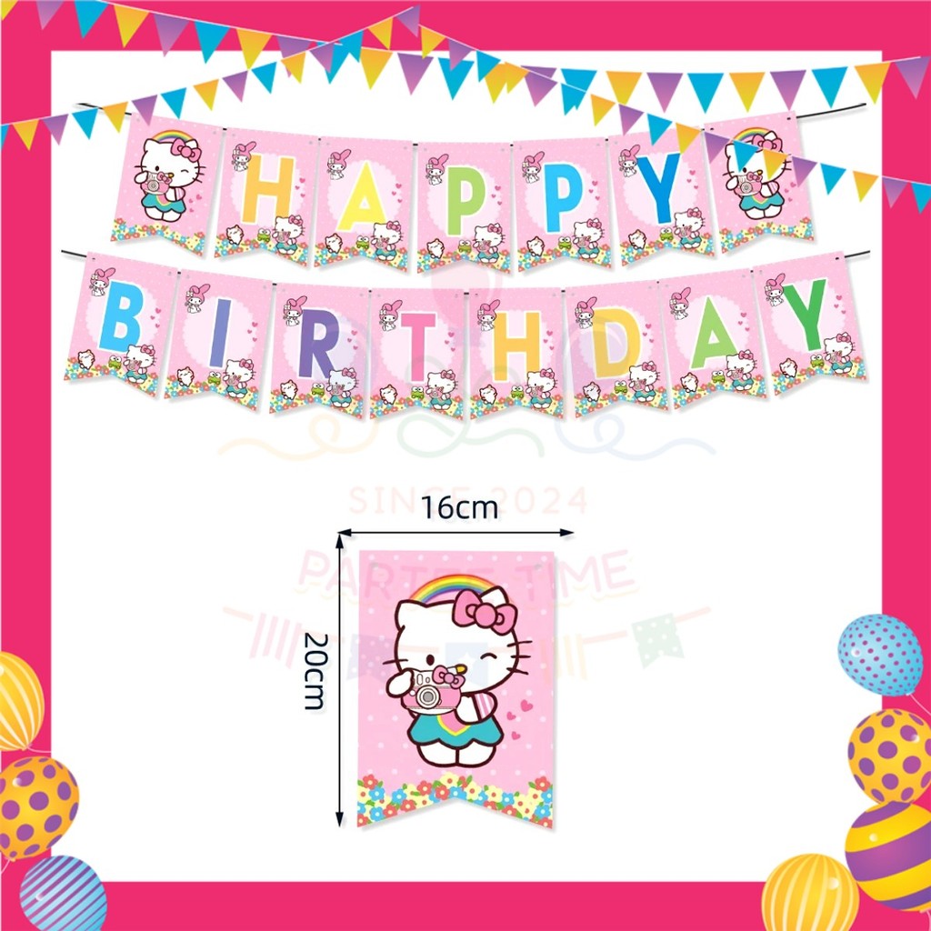 ParteeTime Kids Hello Kitty Birthday Theme Decorations Kids Birthday Balloon Banner Hang Swirl Backdrop Tablecloth