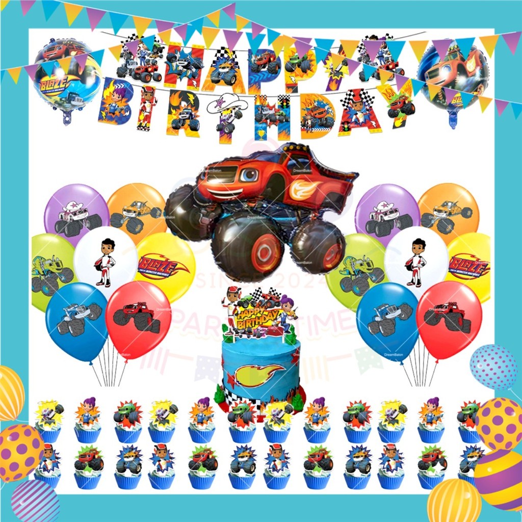 ParteeTime Kids Blaze Birthday Theme Decorations Kids Birthday Balloon Banner Hang Swirl Backdrop Tablecloth Cake Topper