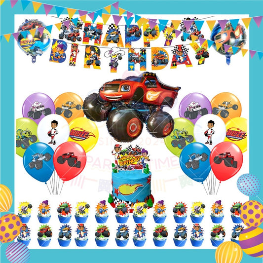ParteeTime Kids Blaze Birthday Theme Decorations Kids Birthday Balloon Banner Hang Swirl Backdrop Tablecloth Cake Topper