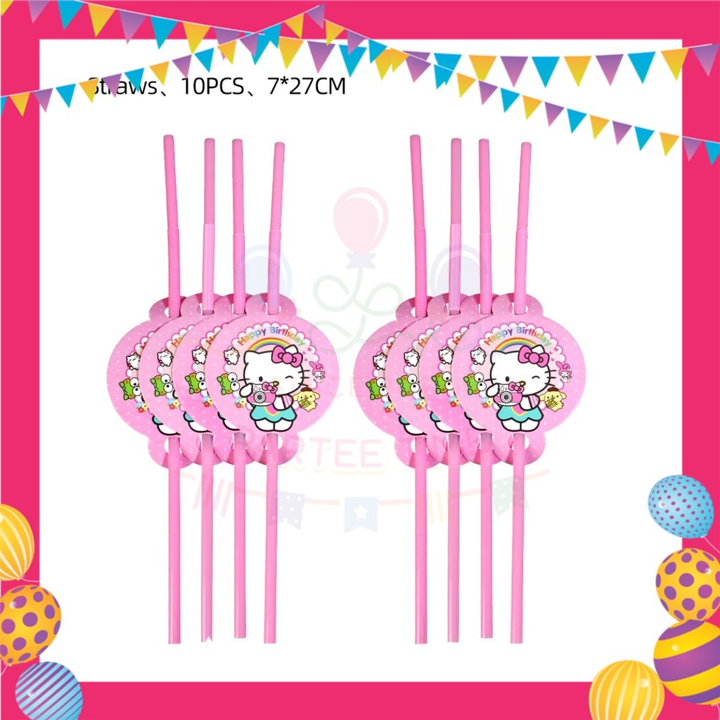 ParteeTime Kids Hello Kitty Birthday Theme Decorations Kids Birthday Balloon Banner Hang Swirl Backdrop Tablecloth